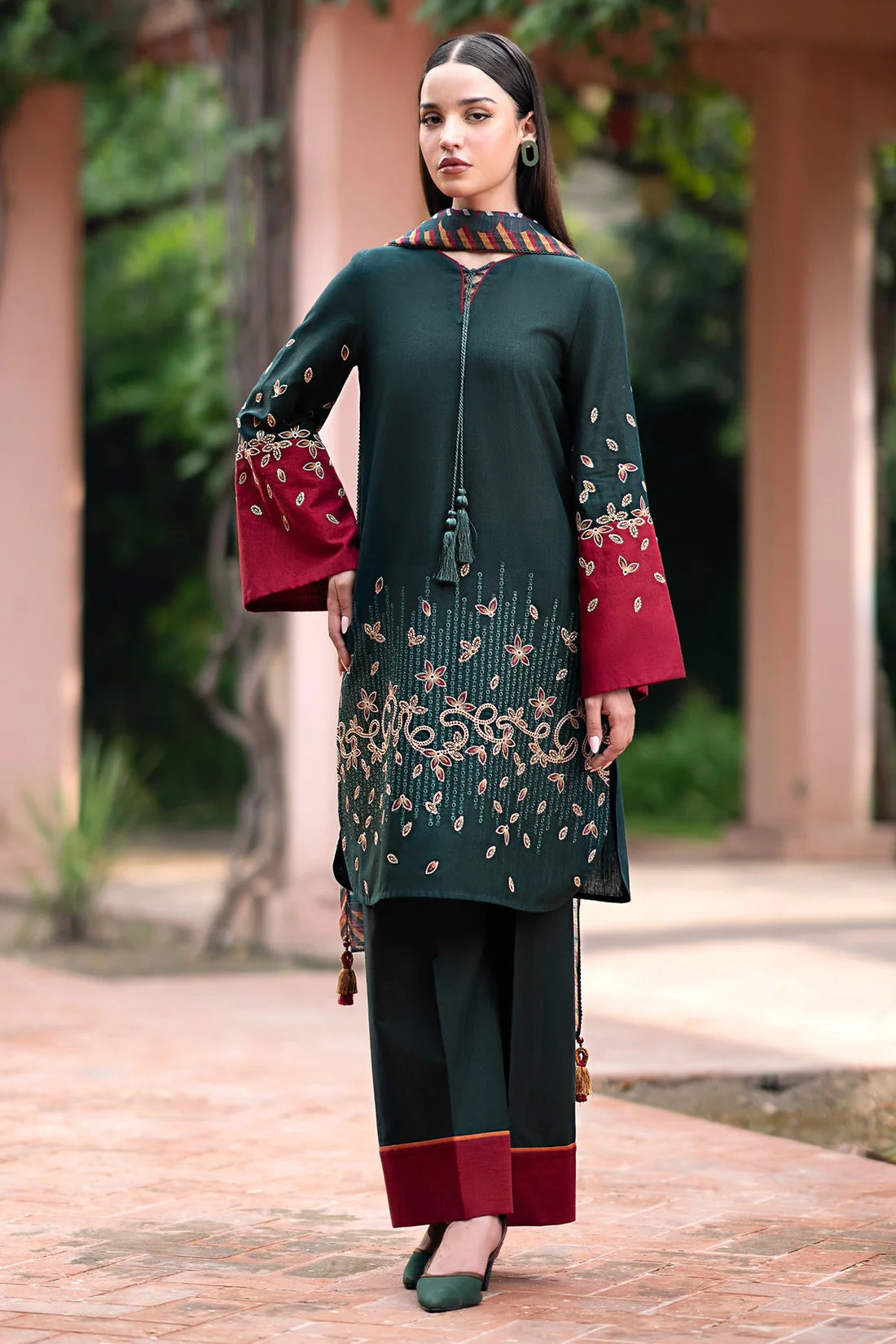 JAZMIN-3PC DHANAK EMBROIDRED SHIRT WITH WOOL PRINT SHAWL AND TROUSER- FW-41