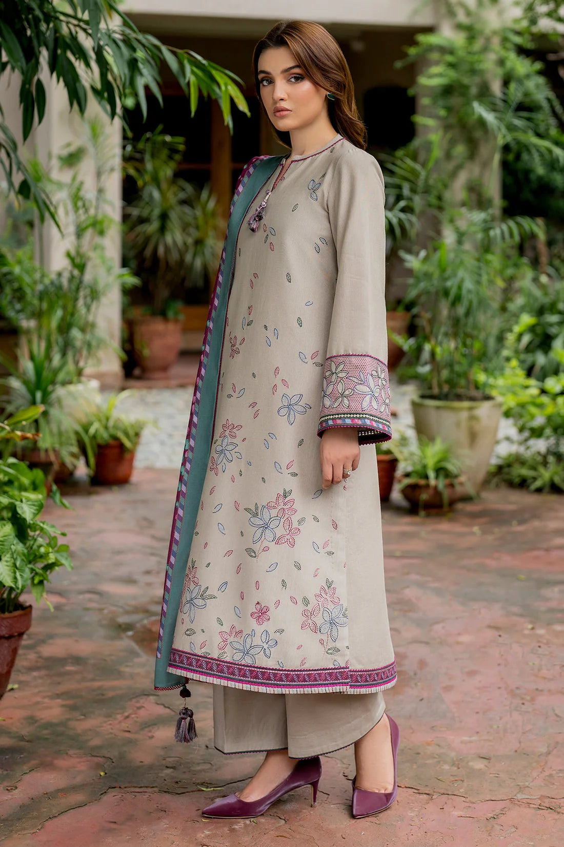 JAZMIN-3PC DHANAK EMBROIDRED SHIRT WITH WOOL PRINT SHAWL AND TROUSER- FW-17