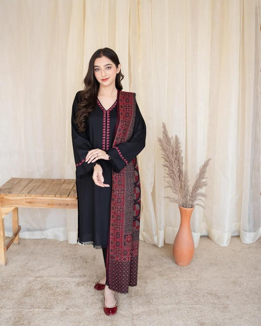 AISLING -3PC EMBROIDERED DHANAK DRESS WITH DHANAK WOOL SHAWL- FW-104