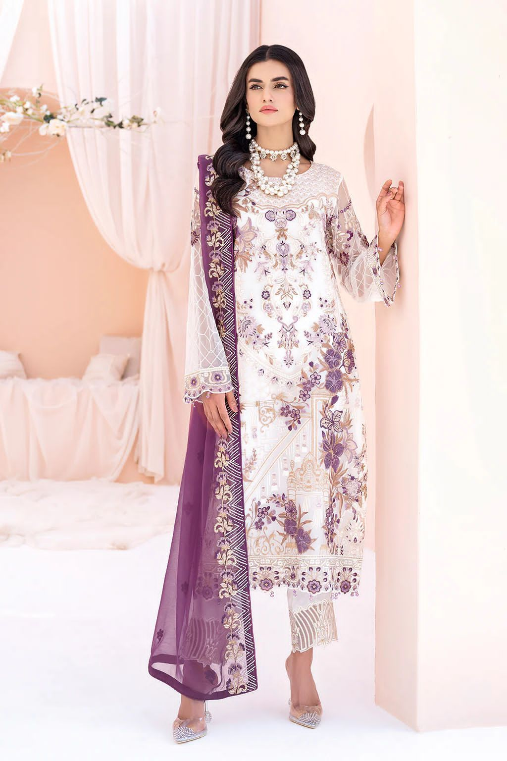 RAMSHA -EMBROIDED CHIFFON DRESS WITH PURE EMBROIDED PURE CHIFFON DUPATTA- FPW-01