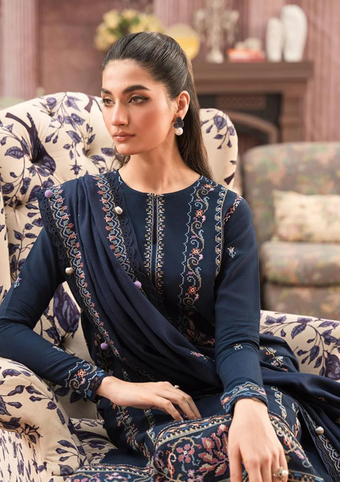 SERAN-3PC DHANAK EMBROIDERED SHIRT WITH DHANAK EMBROIDERD SHAWL- FCW-03