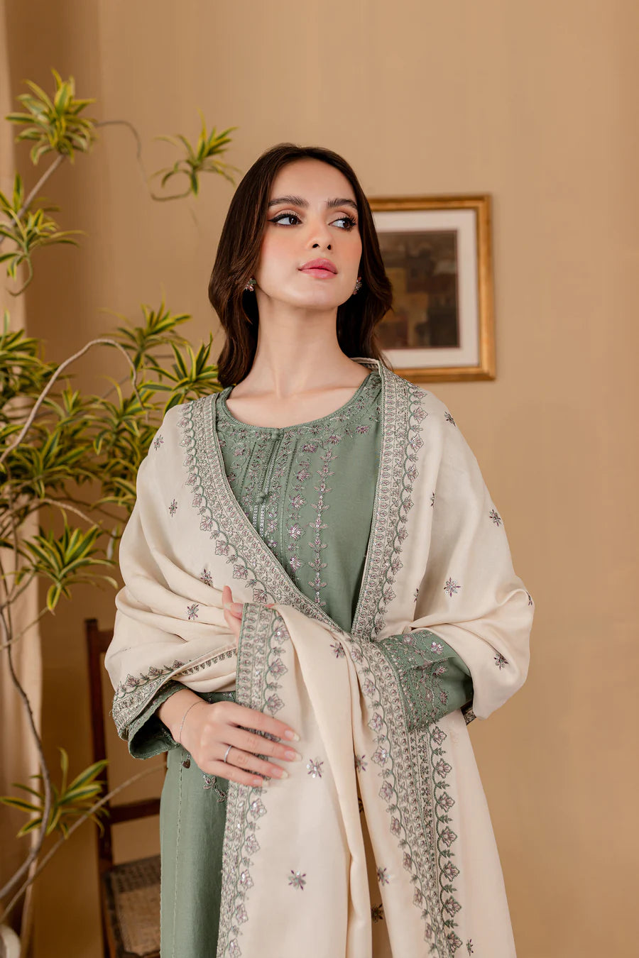 BATIK -3PC EMBROIDERED DHANAK DRESS WITH EMBROIDERED DHANAK WOOL SHAWL- FW-142