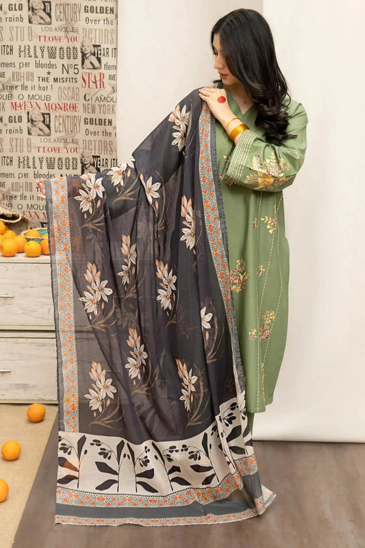 URGE- 3PC DHANAK EMBROIDERED SHIRT WITH COUTURE PRINT SHAWL AND EMB TROUSER- FW-14