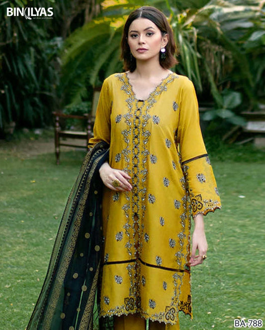 BIN ILYAS -3PC EMBROIDED DHANAK SHIRT WITH EMBROIDERED  DUPATTA- FC-133