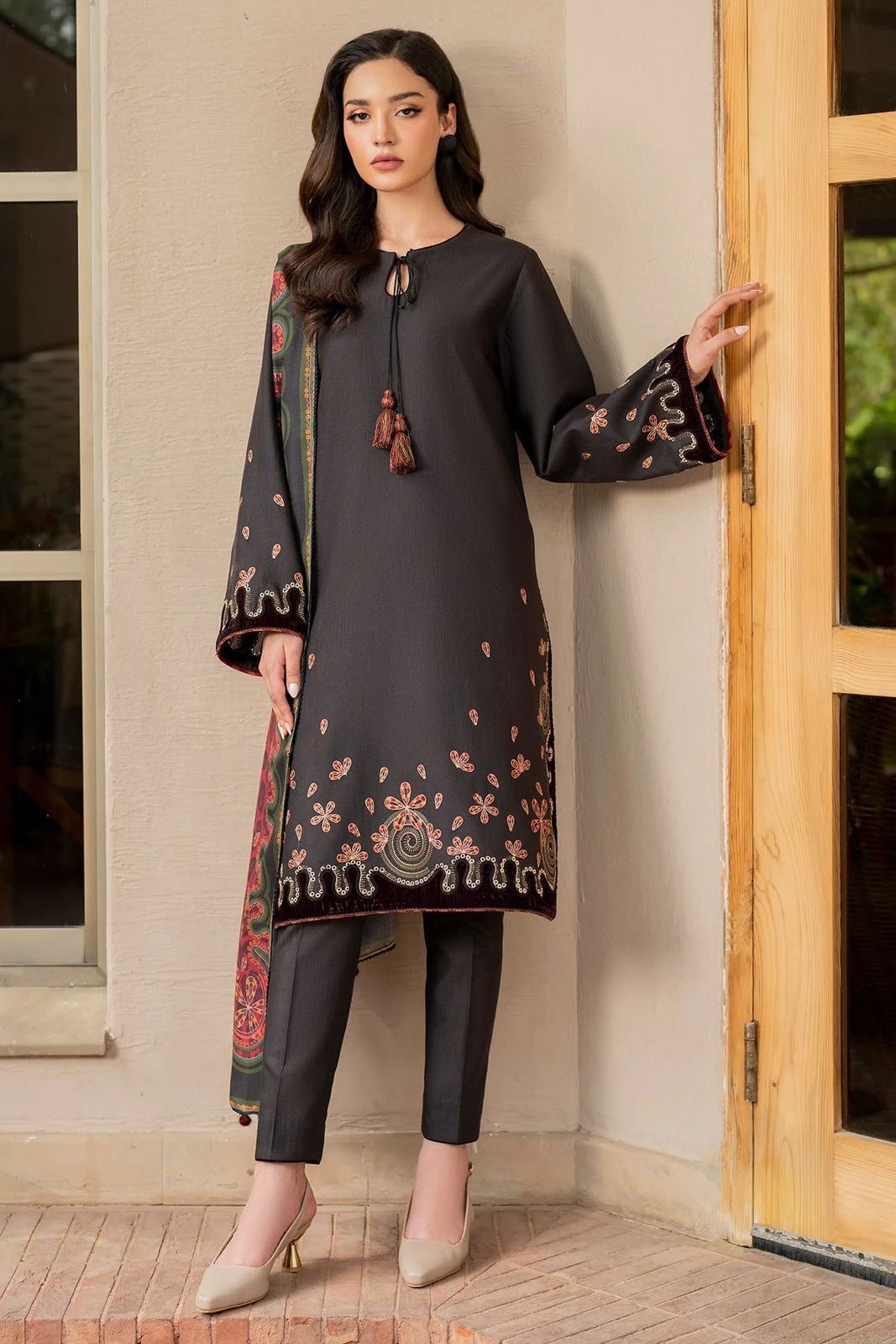 JAZMIN-3PC EMBROIDERED DHANAK DRESS WITH EMBROIDERED DHANAK WOOL SHAWL- FW-154