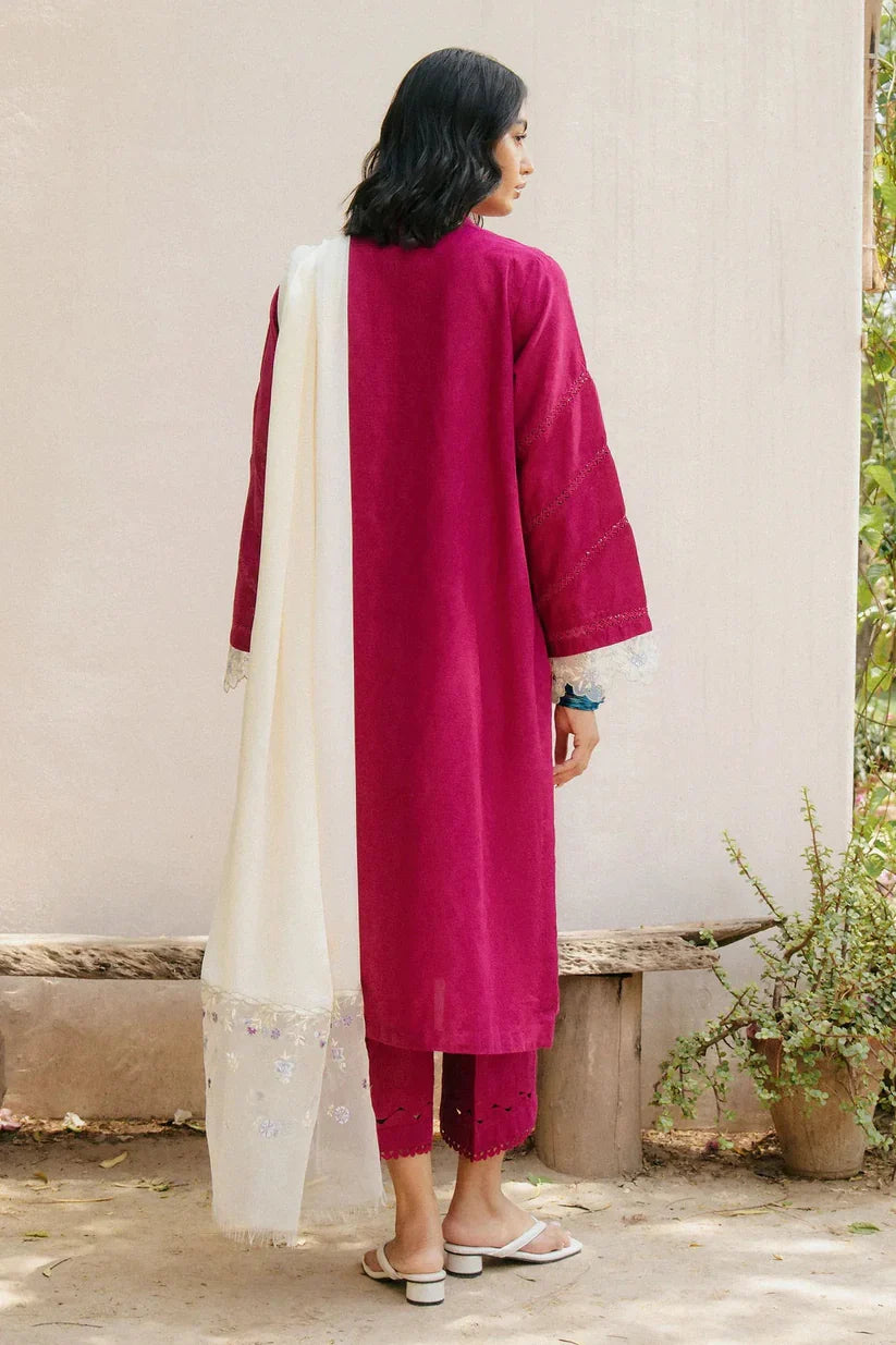 ZAHRA SHAHJAHAN- 3PC DHANAK EMBROIDERED SHIRT WITH VOIL EMBROIDERED SHAWL - FC-132