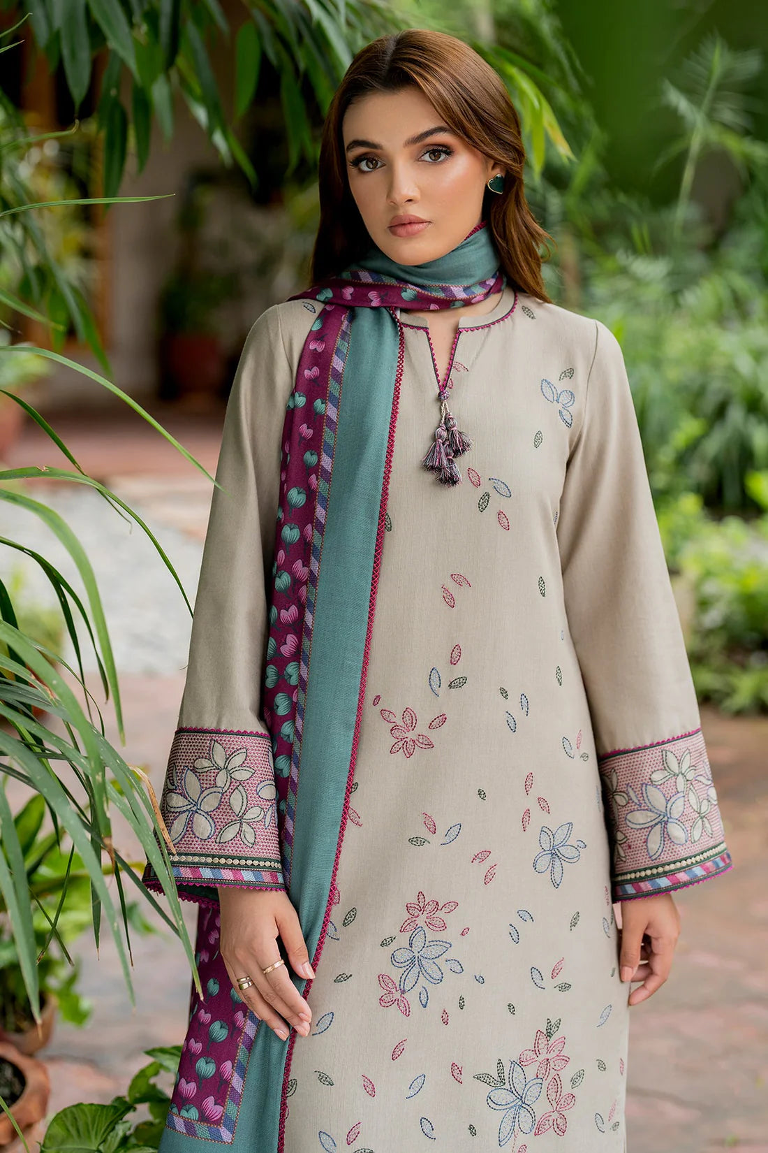 JAZMIN-3PC DHANAK EMBROIDRED SHIRT WITH WOOL PRINT SHAWL AND TROUSER- FW-17