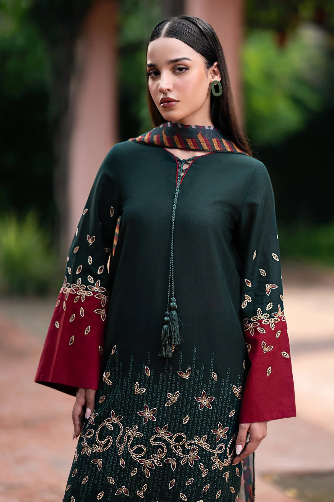 JAZMIN-3PC DHANAK EMBROIDRED SHIRT WITH WOOL PRINT SHAWL AND TROUSER- FW-41