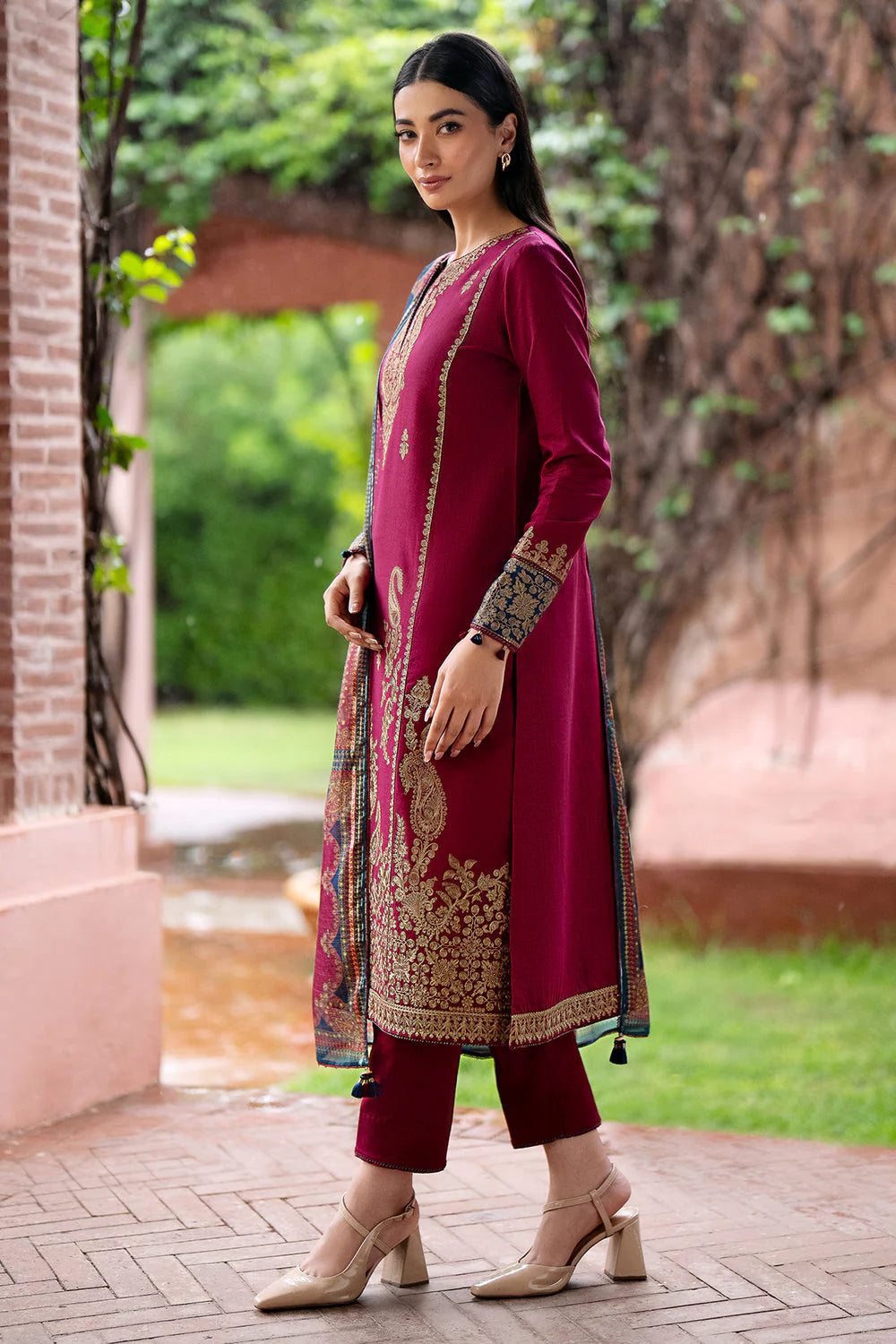 JAZMIN- 3PC DHANAK EMBROIDERED SHIRT WITH WOOL PRINT SHAWL AND TROUSER- FW-97