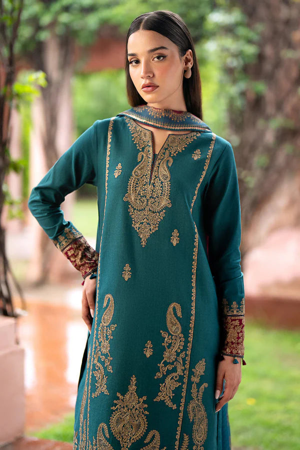 JAZMIN- 3PC DHANAK EMBROIDERED SHIRT WITH WOOL PRINT SHAWL AND TROUSER- FW-37