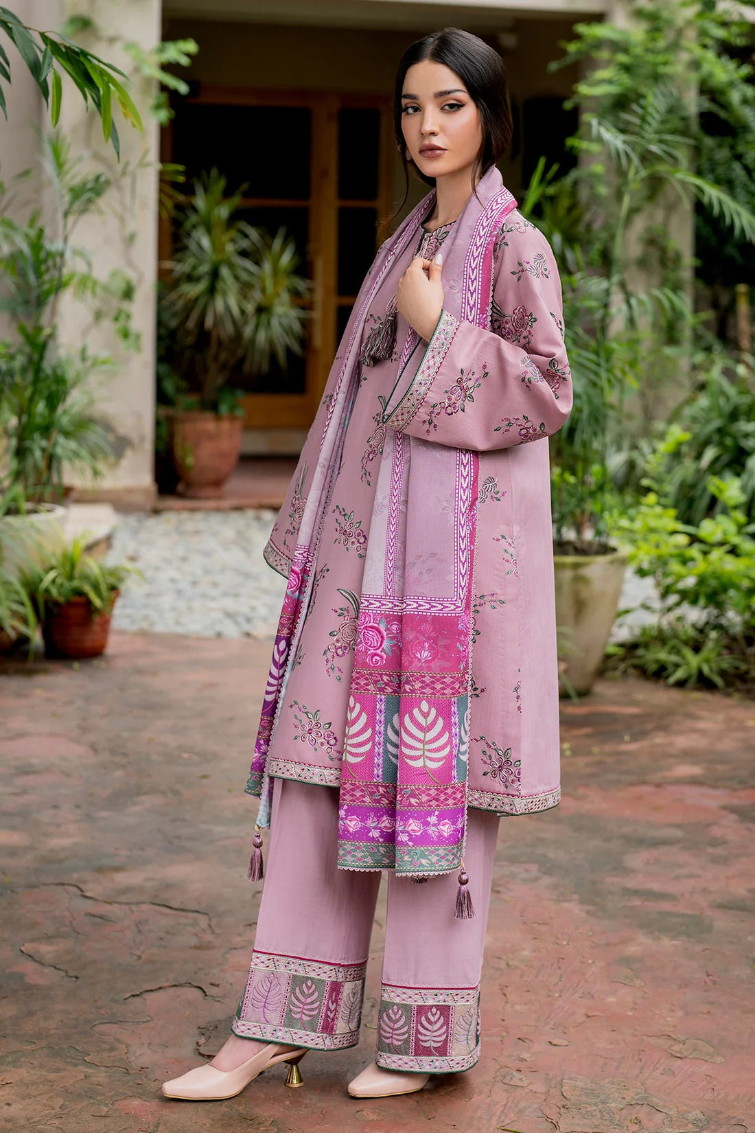 JAZMIN-3PC DHANAK EMBROIDRED SHIRT WITH WOOL PRINT SHAWL AND TROUSER- FW-57