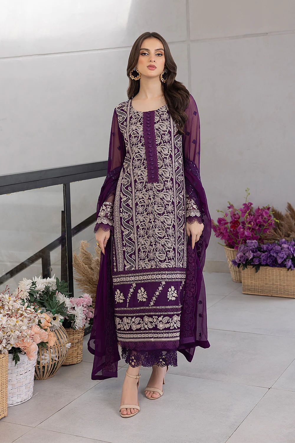 AZURE -3PC EMBROIDERED FANCY CHIFFON DRESS WITH HEAVY EMBROIDERED CHIFFON DUPATTA- FPW-45