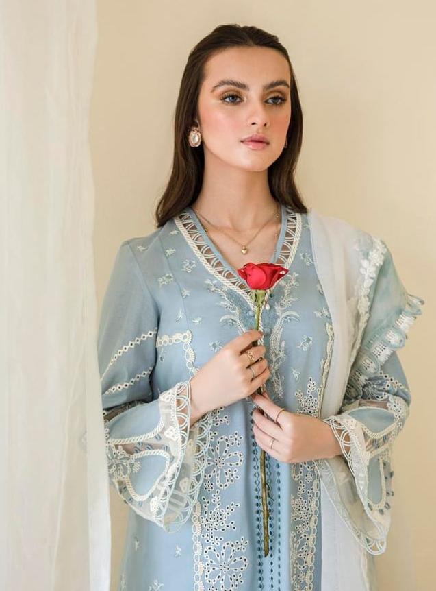 QALAMKAR -3PC FULLY HEAVY EMBROIDERED CHICKEN KARI LAWN DRESS WITH 4 SIDE CUTWORK HEAVY EMBROIDERED ORGANZA DUPATTA- FN-32