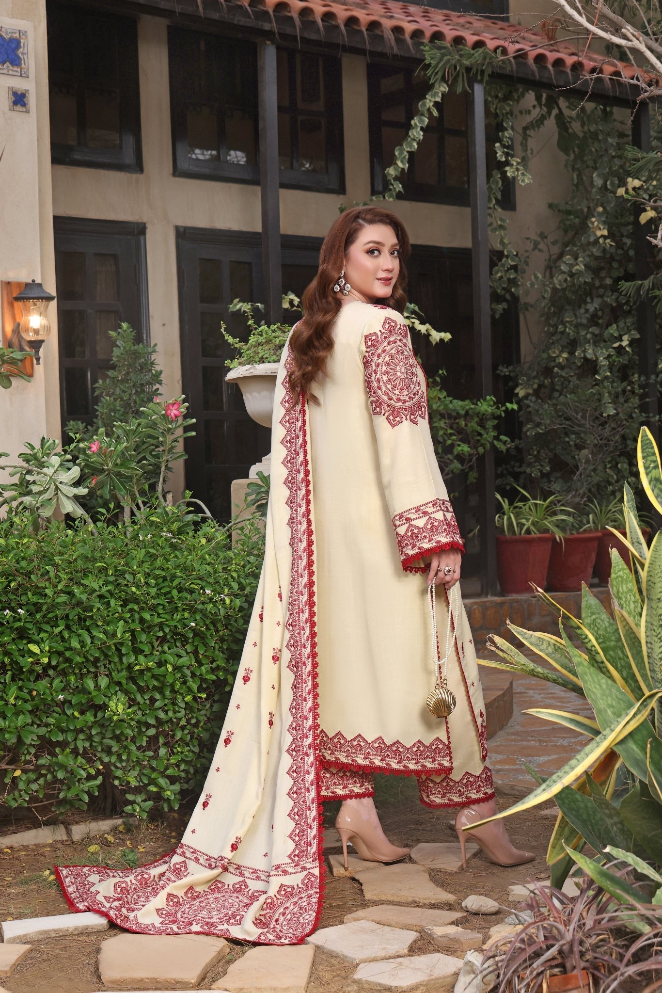 ASIM JOFA-3PC DHANAK EMBROIDERED SHIRT WITH DHANAK EMBROIDERED SHAWL & TROUSER-FW-15