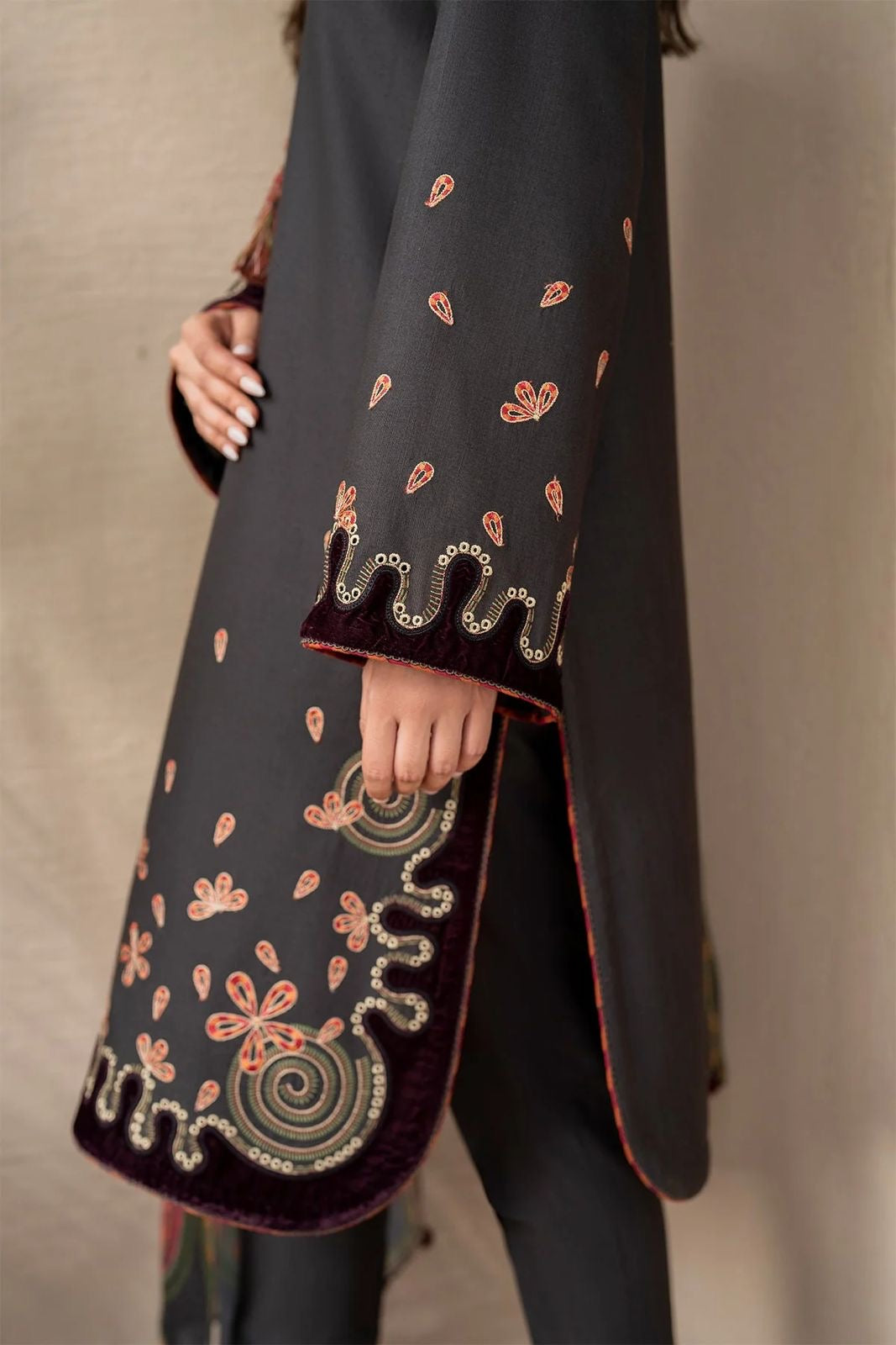 JAZMIN-3PC EMBROIDERED DHANAK DRESS WITH EMBROIDERED DHANAK WOOL SHAWL- FW-154