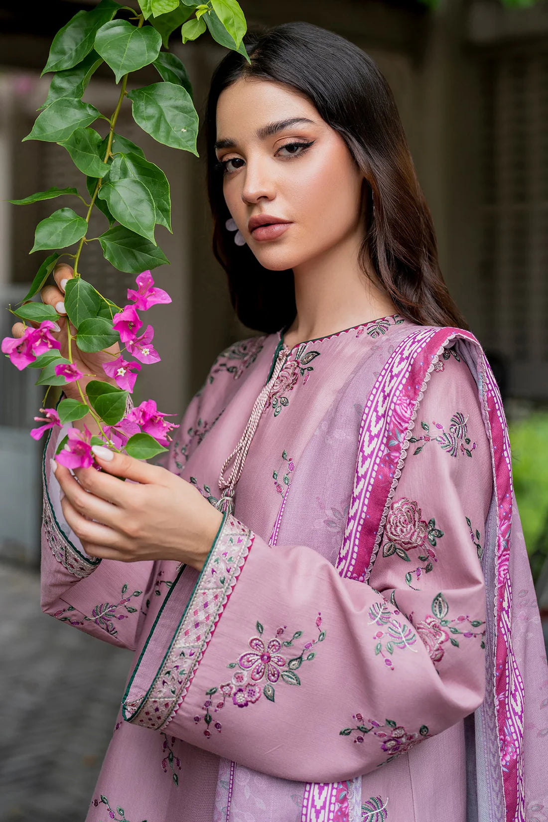 JAZMIN-3PC DHANAK EMBROIDRED SHIRT WITH WOOL PRINT SHAWL AND TROUSER- FW-57