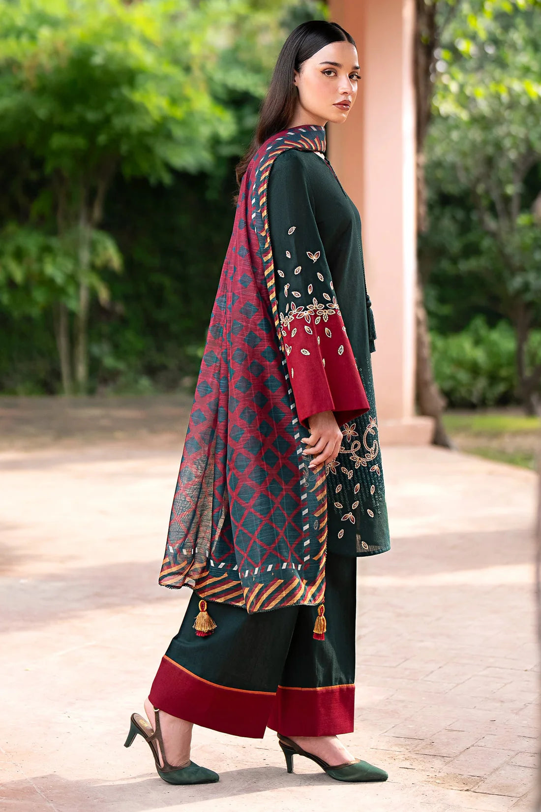 JAZMIN-3PC DHANAK EMBROIDRED SHIRT WITH WOOL PRINT SHAWL AND TROUSER- FW-41