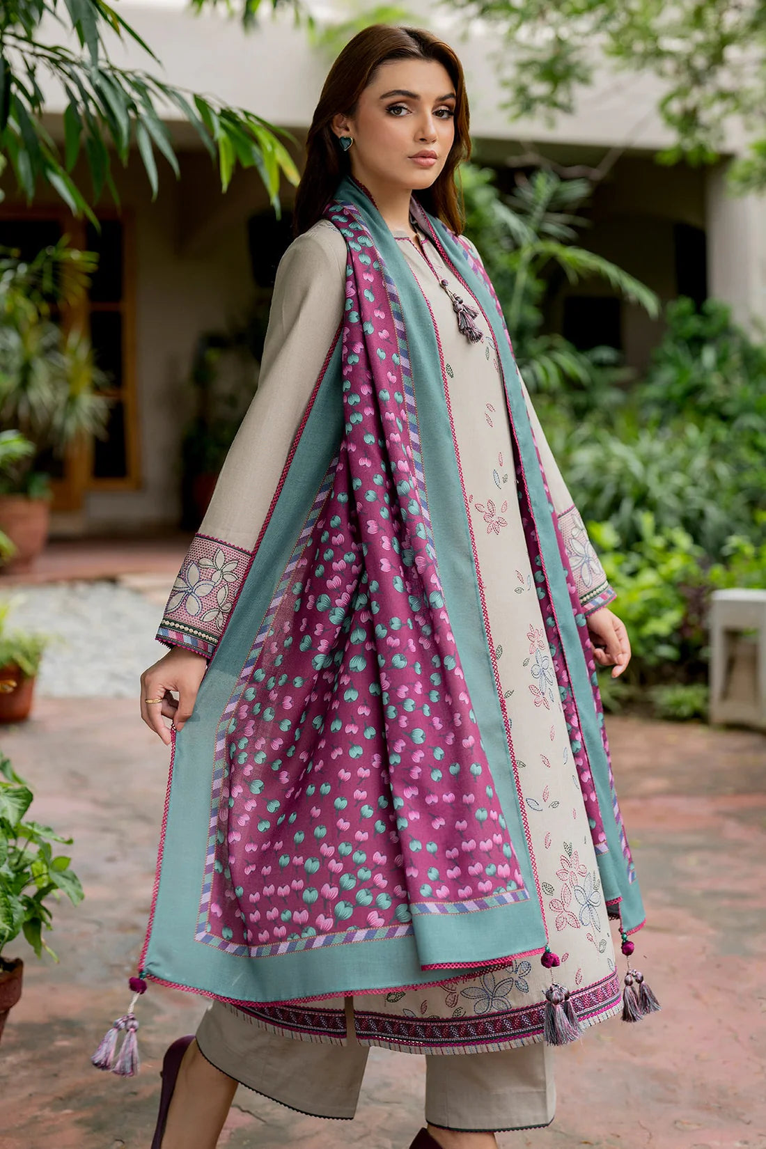 JAZMIN-3PC DHANAK EMBROIDRED SHIRT WITH WOOL PRINT SHAWL AND TROUSER- FW-17