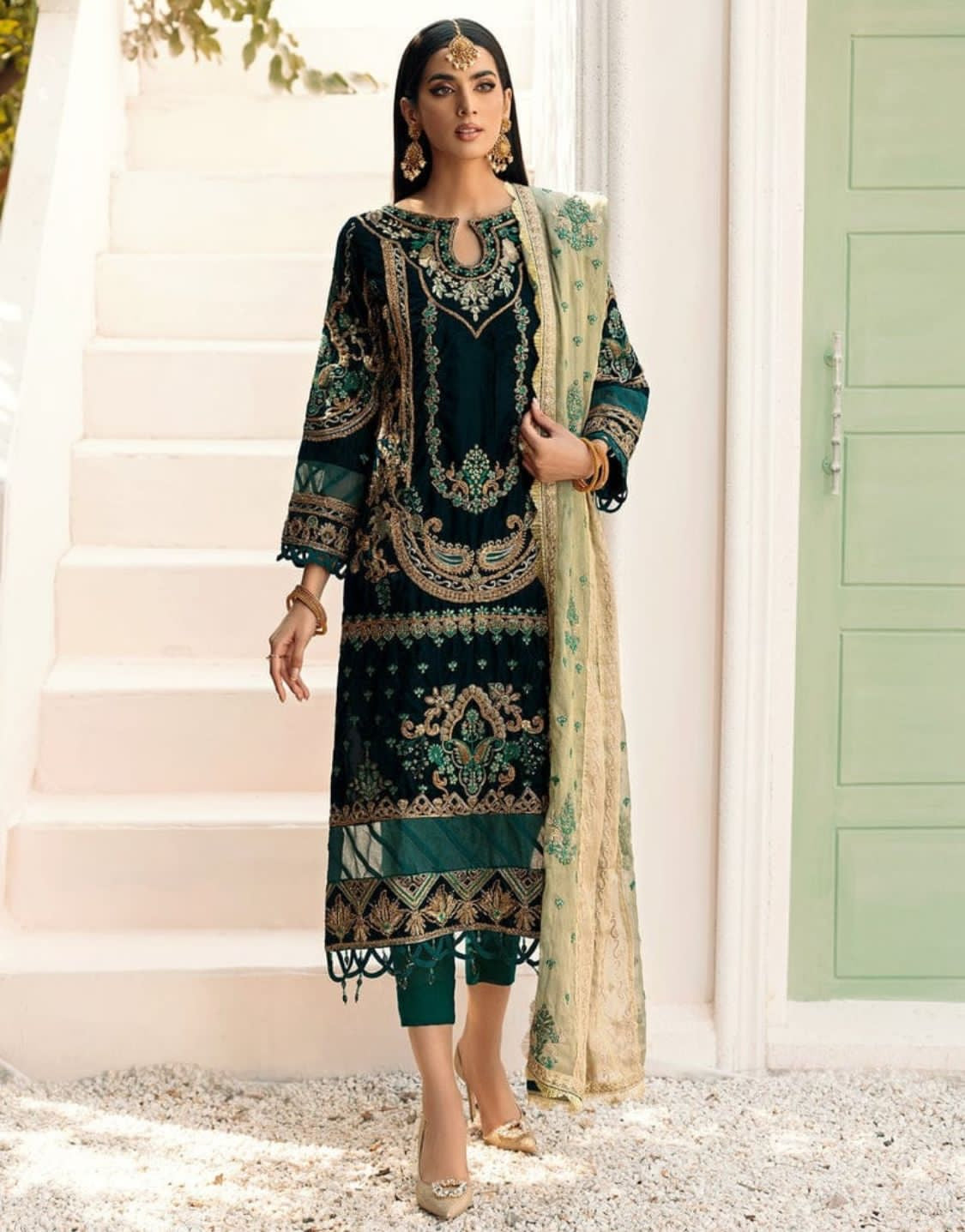 EMAAN ADEEL -3PC HEAVY EMBROIDERED FANCY VELVET DRESS WITH 4 SIDE EMBROIDERED HEAVY NET DUPATTA- FPW-60