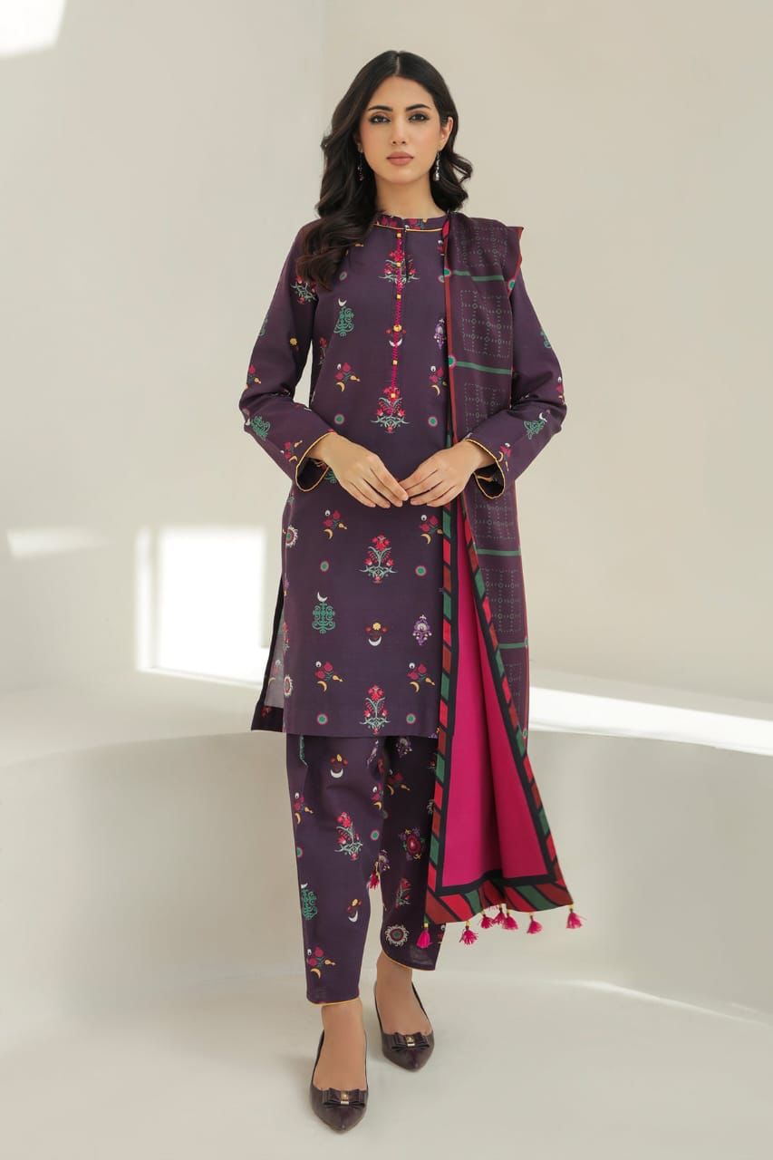 CHARIZMA -3PC PRINTED KARANDI DRESS WITH KARANDI WOOL SHAWL- FC-05