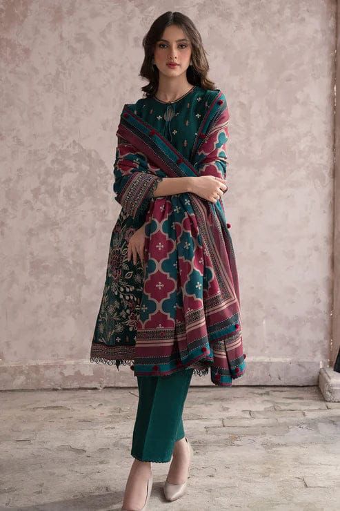 JAZMINE -3PC EMBROIDERED DHANAK DRESS WITH PRINTED DHANAK WOOL SHAWL- FW-95