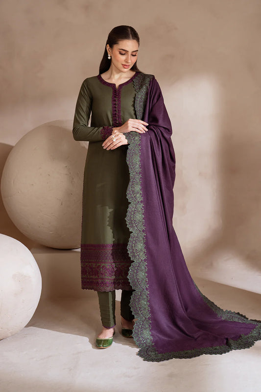 IZNIK-3PC DHANAK EMBROIDRED SHIRT WITH WOOL EMBROIDERED DHANAK WOOL SHAWL AND TROUSER- FW-41