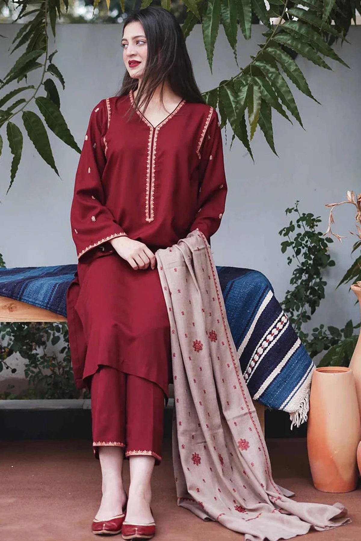 AISLING -3PC EMBROIDERED DHANAK DRESS WITH EMBROIDERED DHANAK SHAWL- FW-28