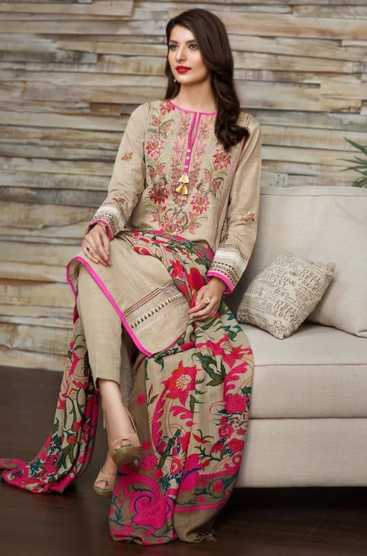 KHAADI -3PC EMBROIDERED KHADDAR DRESS WITH WOOL SHAWL- FW-70