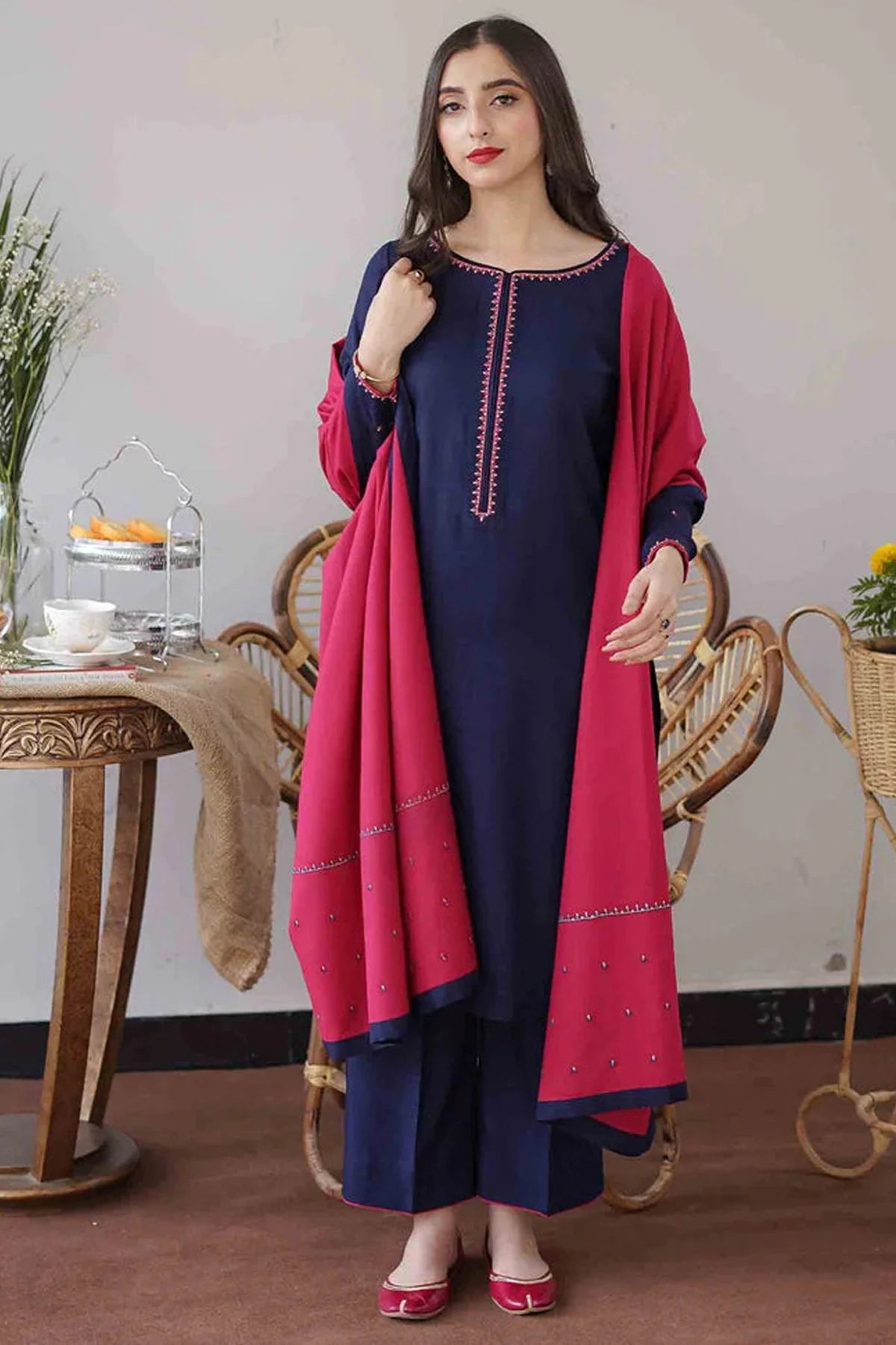 AISLING -3PC EMBROIDERED DHANAK DRESS WITH EMBROIDERED DHANAK SHAWL- FW-27