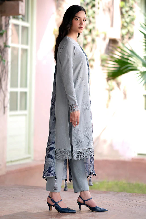 JAZMIN-3PC DHANAK EMBROIDRED SHIRT WITH WOOL PRINT SHAWL AND TROUSER- FW-156