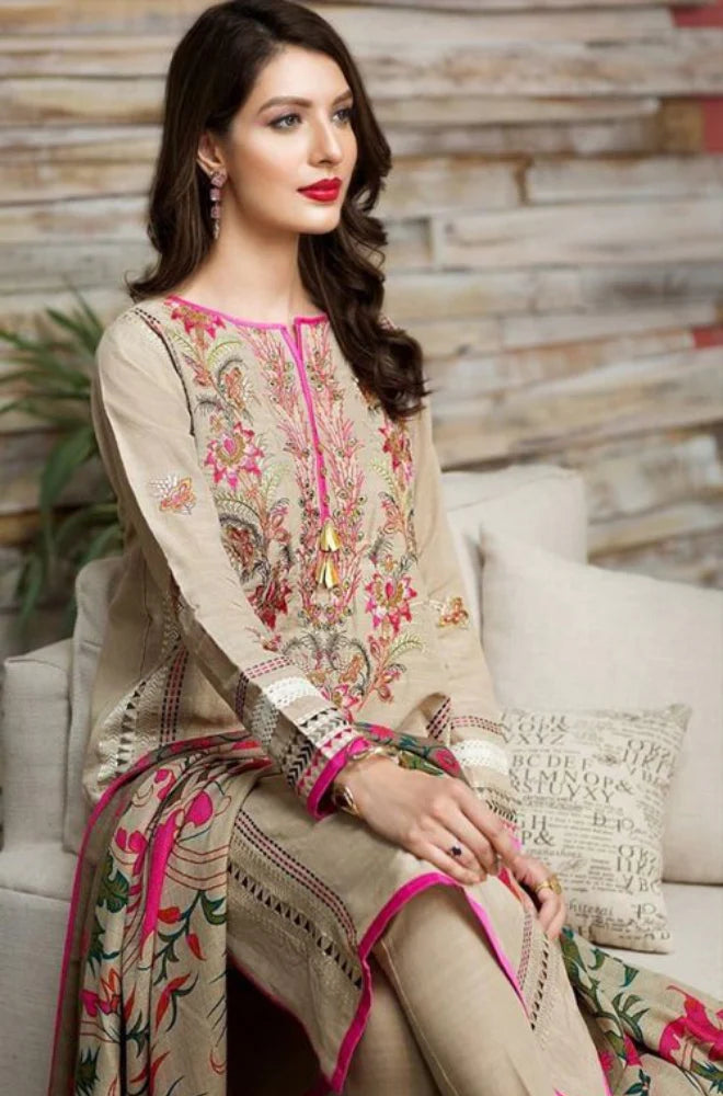 KHAADI -3PC EMBROIDERED KHADDAR DRESS WITH WOOL SHAWL- FW-70