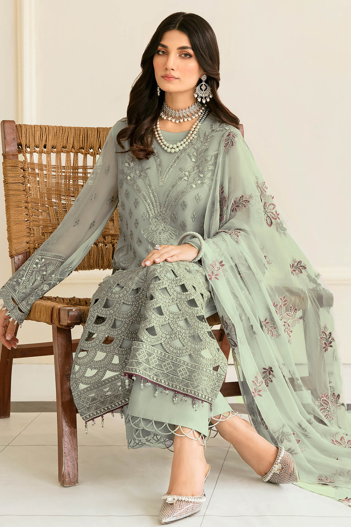 FLOSSIE -3PC FULLY EMBROIDERED FANCY CHIFFON DRESS WITH HEAVY EMBROIDERED CHIFFON DUPATTA- FPW-93