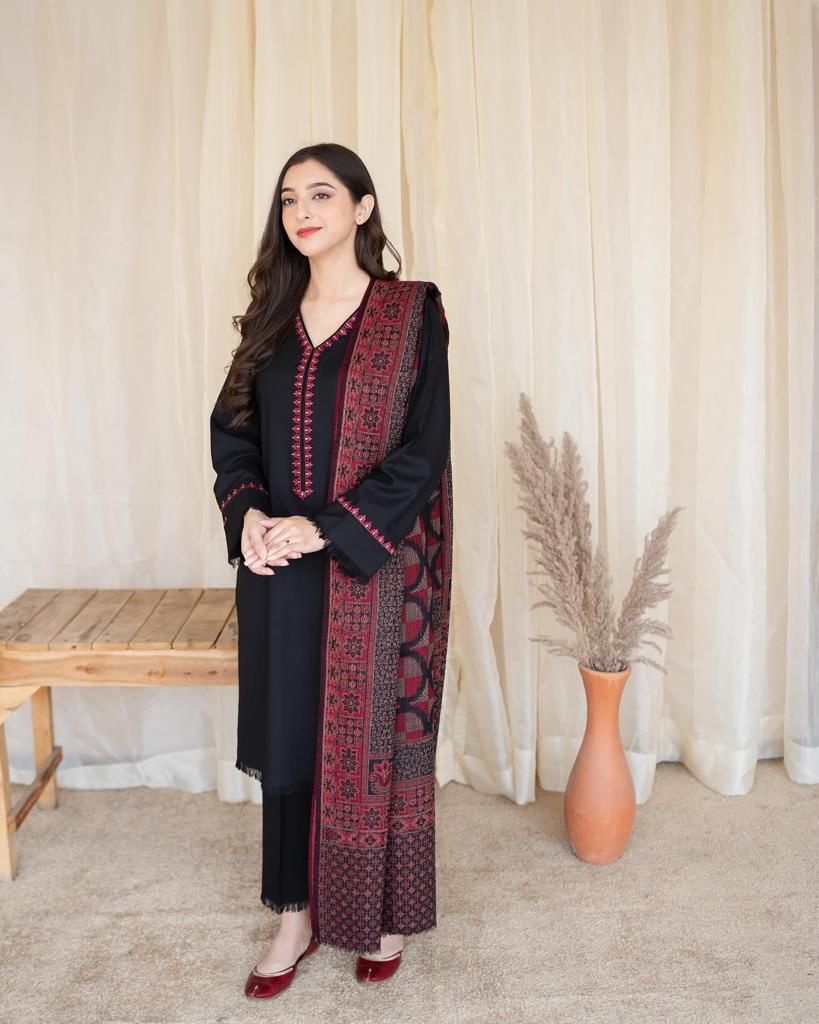 AISLING -3PC EMBROIDERED DHANAK DRESS WITH DHANAK WOOL SHAWL- FW-104