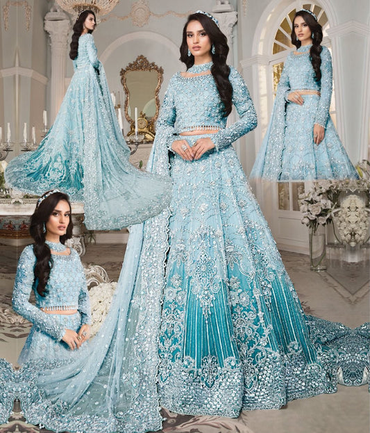 MARIA.B -3PC HANDWORK EMBROIDERED BRIDAL LEHENGA DRESS WITH HEAVY EMBROIDERED NET DUPATTA- FPW-22