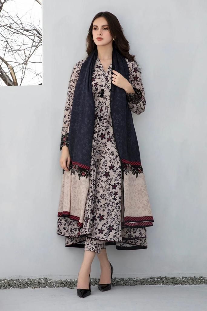 JAZMINE -3PC PRINTED KARANDI DRESS WITH KARANDI WOOL SHAWL- FW-100