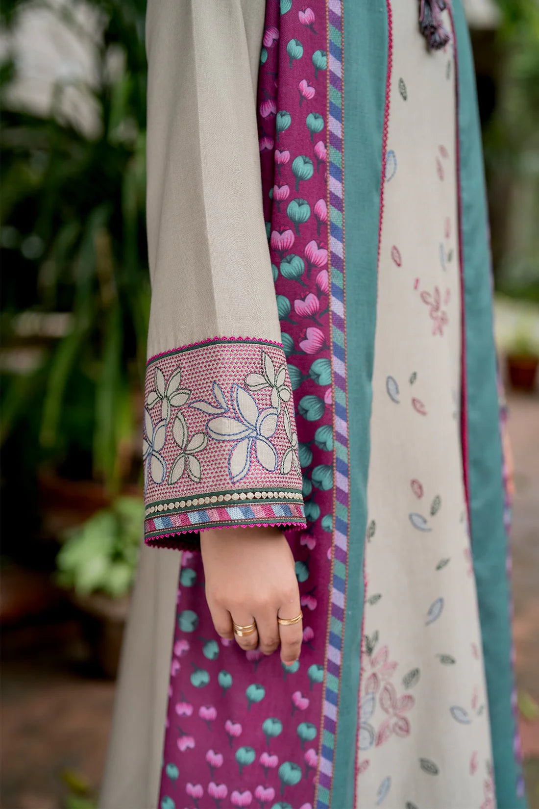 JAZMIN-3PC DHANAK EMBROIDRED SHIRT WITH WOOL PRINT SHAWL AND TROUSER- FW-17