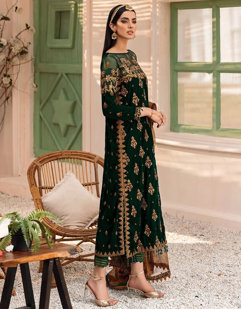 EMAN ADEEL -3PC FANCY EMBROIDERED VELVET DRESS WITH HEAVY EMBROIDERED NET DUPATTA 4 SIDE EMBROIDERED- FPW-38