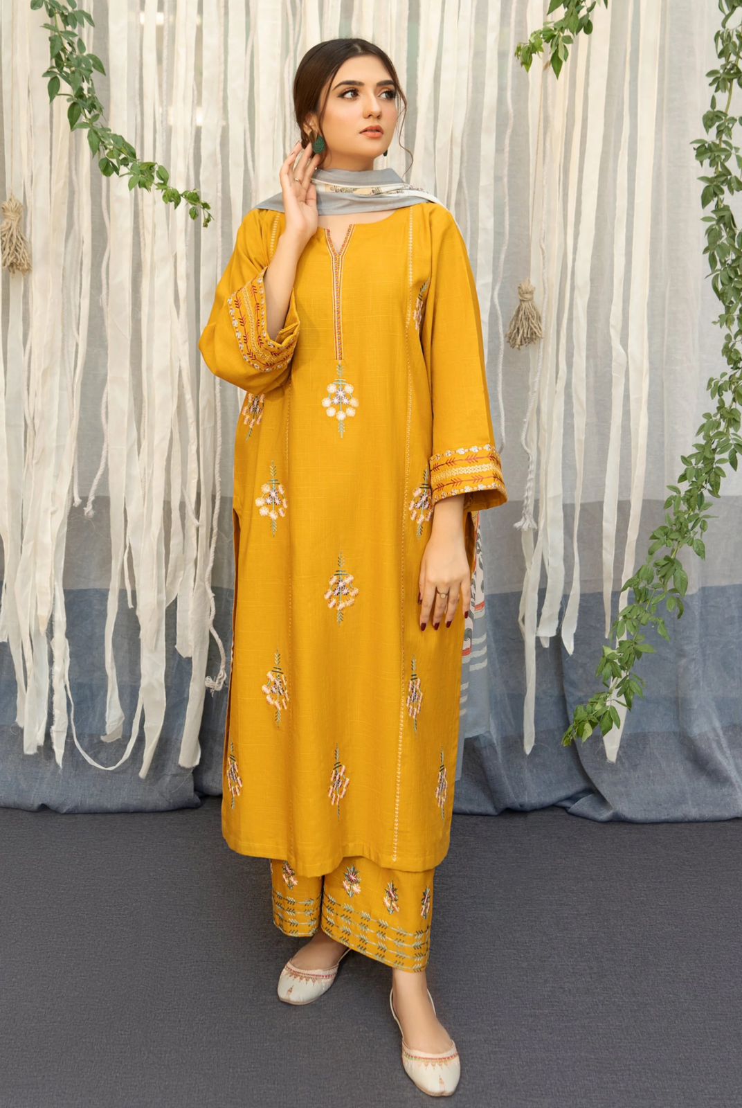 URGE -3PC EMBROIDERED DHANAK DRESS WITH DHANAK WOOL SHAWL- FW-105