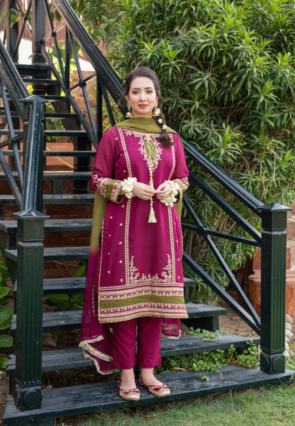 OMAL By KOMAL -3PC EMBROIDERED LAWN DRESS WITH EMBROIDERED CHIFFON DUPATTA- FN-21