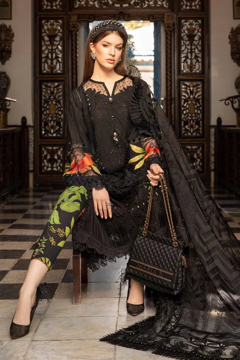 MARIA.B -EMBROIDED CUTWORK LAWN DRESS WITH FOUR SIDE EMBROIDED ORGANZA DUPATTA FN-135 BLACK