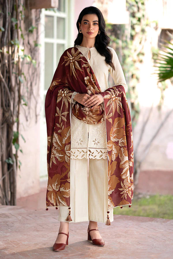 JAZMIN- 3PC DHANAK EMBROIDERED SHIRT WITH WOOL PRINT SHAWL AND TROUSER FW-155