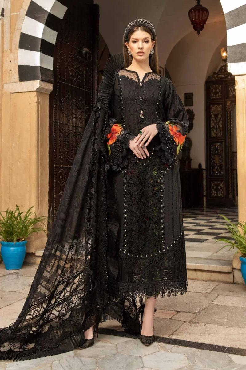 MARIA.B -EMBROIDED CUTWORK LAWN DRESS WITH FOUR SIDE EMBROIDED ORGANZA DUPATTA FN-135 BLACK