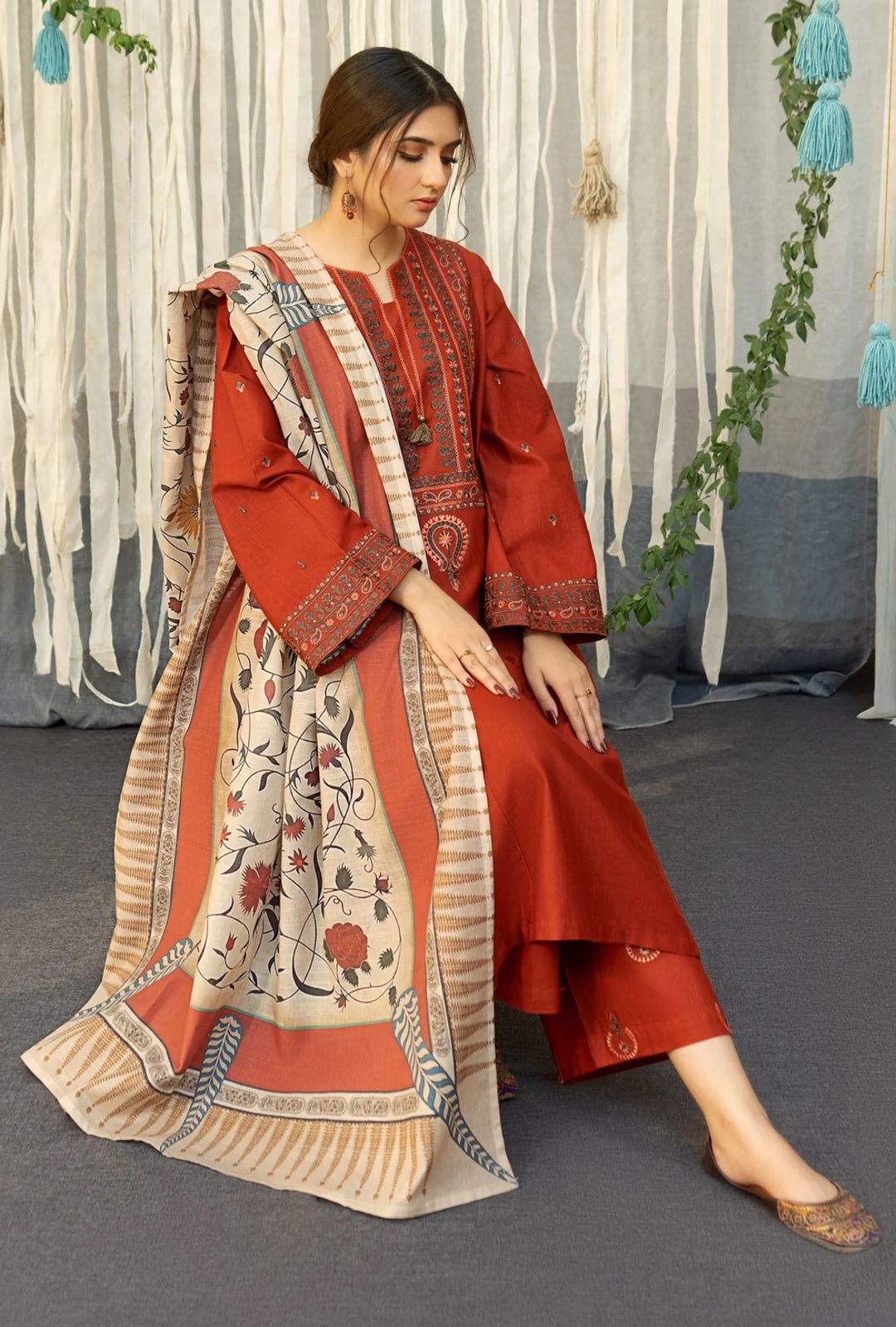 URGE -3PC EMBROIDERED DHANAK DRESS WITH DHANAK WOOL SHAWL- FW-123