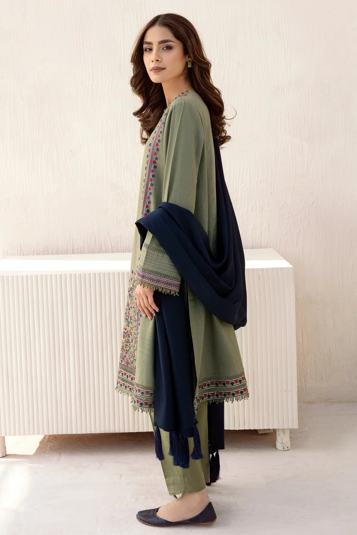 JAZMINE -3PC EMBROIDERED DHANAK DRESS WITH WOOL SHAWL- FW-63