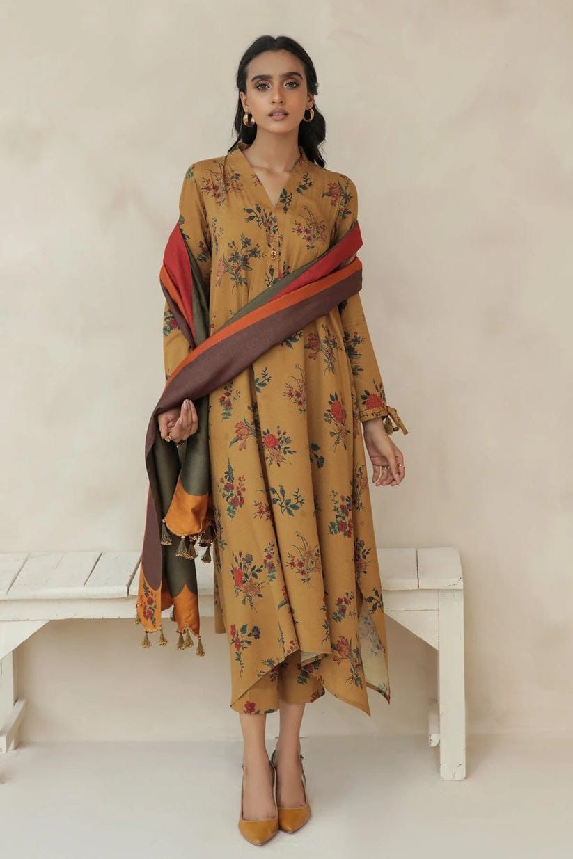 BAROQUE -3PC PRINTED KARANDI DRESS WITH KARANDI WOOL SHAWL- FC-03