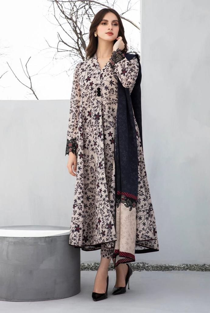 JAZMINE -3PC PRINTED KARANDI DRESS WITH KARANDI WOOL SHAWL- FW-100