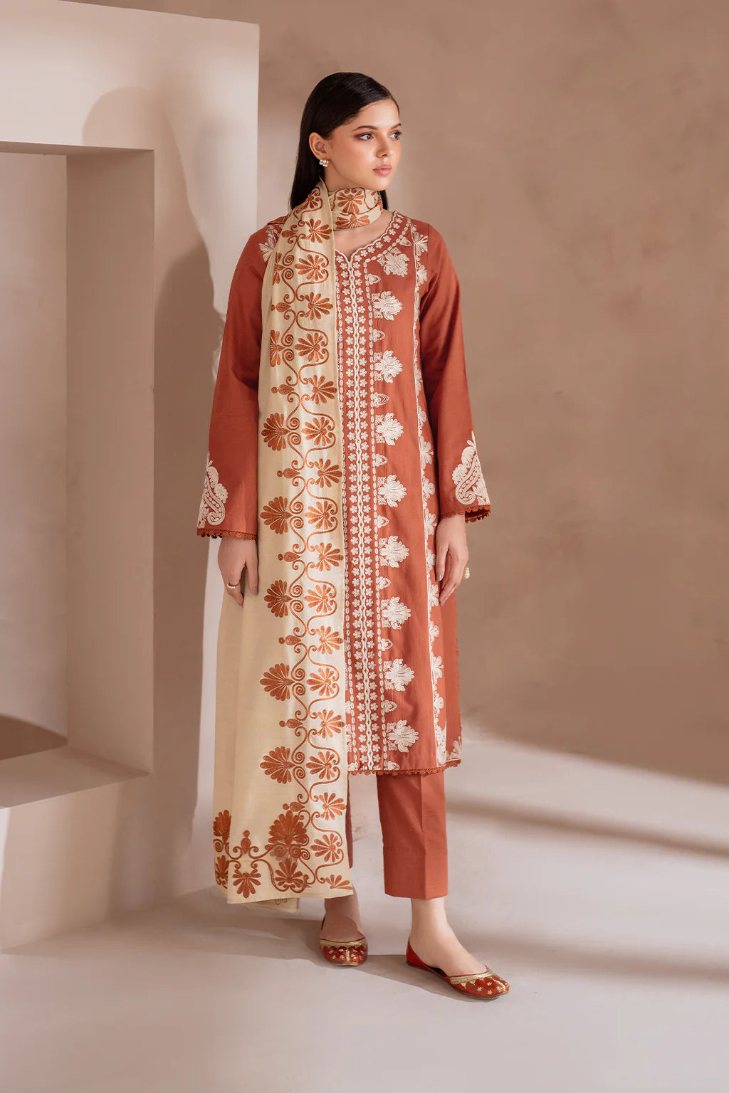 IZNIK-3PC DHANAK EMBROIDERED SHIRT WITH DHANAK EMBROIDERED SHAWL & TROUSER-FW-18