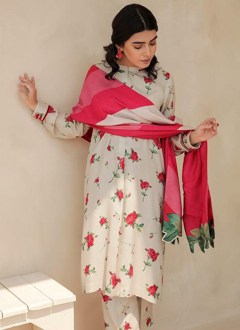 CHARIZMA -3PC PRINTED KARANDI DRESS WITH KARANDI WOOL SHAWL- FC-01