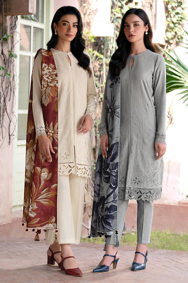 JAZMIN-3PC DHANAK EMBROIDRED SHIRT WITH WOOL PRINT SHAWL AND TROUSER- FW-156