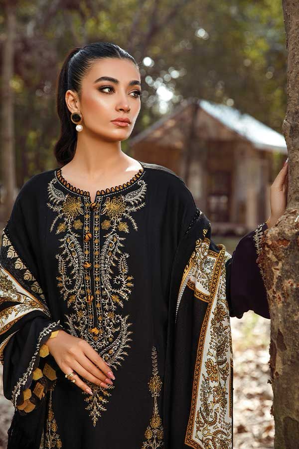 MARIA.B -3PC EMBROIDERED KHADDAR DRESS WITH KARANDI WOOL SHAWL- FW-53